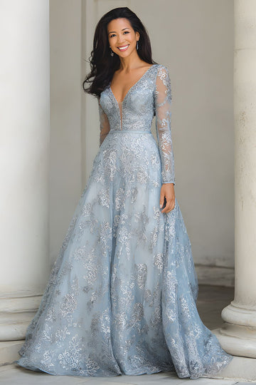 Argent A Ligne Col V Longue Robe Mère de la Mariée avec Appliques